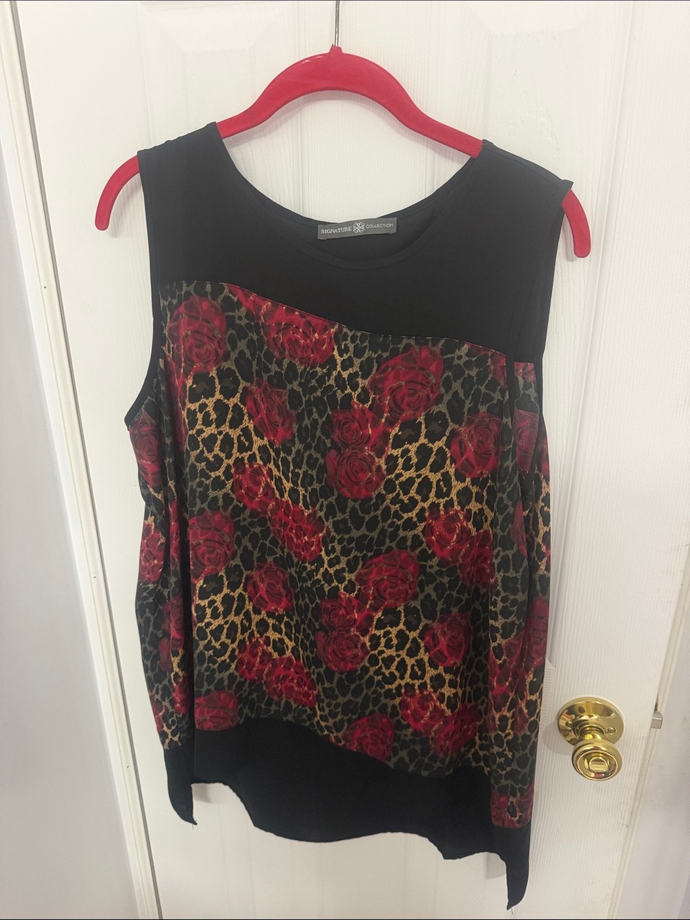 Black Tank Top with Red Rose & Leopard Print Panel